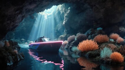 Futuristic Neon Boat in a Sunlit Underwater Coral Cave.