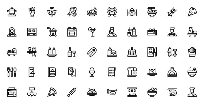 Food and Restaurant icon set. Vector illustration inludes symbols for cooking,chef, menu, delivery, pizz, sushi, wine and more. Edtable stroke icons.