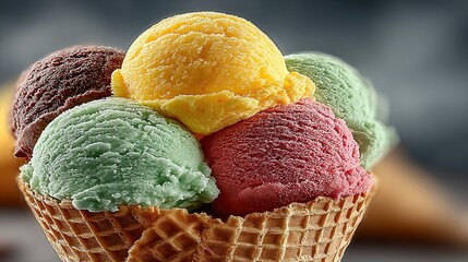 Colorful ice cream scoops in a waffle cone close up sweet dessert.