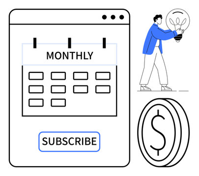 Monthly calendar with a subscribe button, person holding a lightbulb symbolizing creativity, and a dollar coin. Ideal for subscription services, innovation, budgeting, savings, business concepts