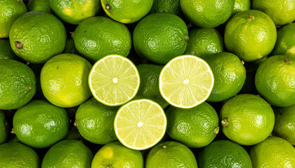 Vibrant Green Limes with Juicy Halves - A Refreshing Citrus Bounty