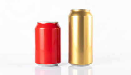 Two aluminum beverage cans, one red and one gold, standing next to each other against a white background