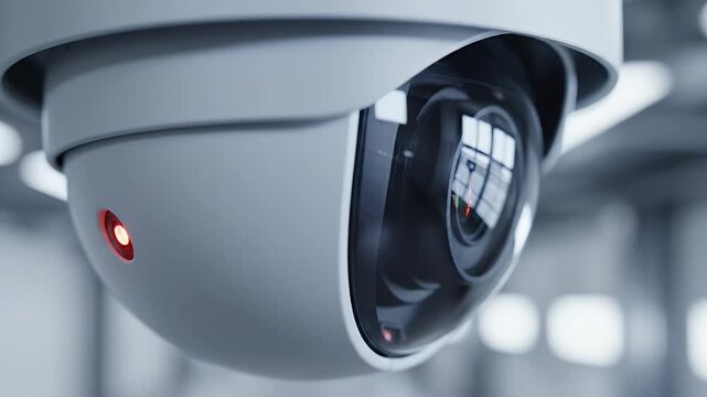 Close up of a modern security camera lens with red indicator light