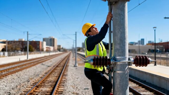 Technician installing electrical insulators on railway poles along urban train tracks under clear skies