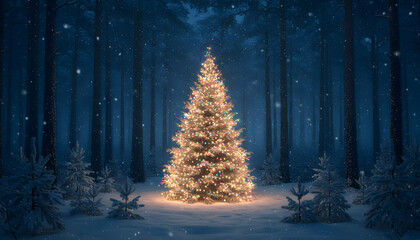 Magical Christmas Tree Glowing in a Snowy Forest