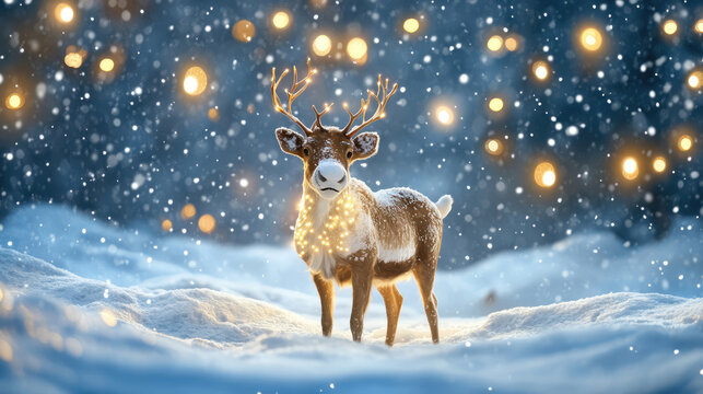 Festive Reindeer in Snowy Wonderland with Twinkling Lights - Powered by Adobe