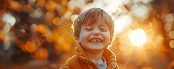 Little boy laughing outdoors at sunset, showing joy and happiness. Childhood and positive emotion concept for World Down Syndrome Day.