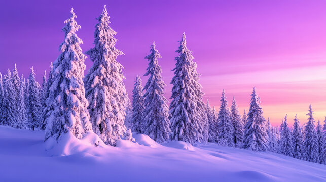 Snow-covered trees in a snowy field under a vibrant purple dusk sky, winter landscape outdoors.