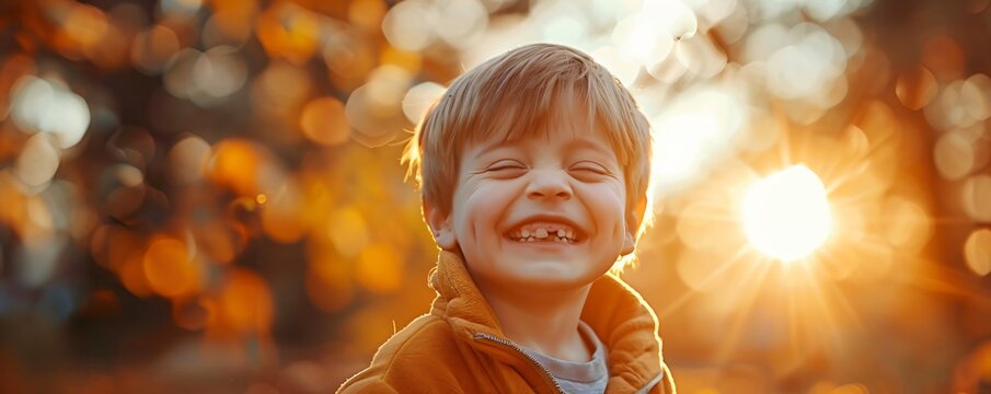 Little boy laughing outdoors at sunset, showing joy and happiness. Childhood and positive emotion concept for World Down Syndrome Day.
