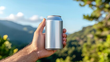 Refreshing beverage concept: A hand holding a chilled aluminum can against scenic backdrop
