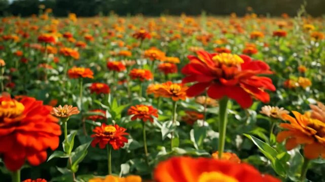 Vibrant zinnias blossoming in a bright sunny flower field