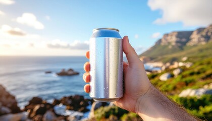 Refreshing beverage in hand with scenic coastal backdrop for summer relaxation outdoors