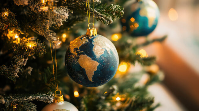photo of christmas tree with planet earth ornaments