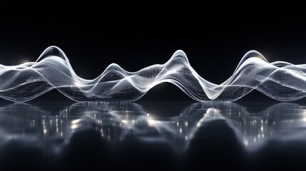 An abstract wave of white dots and lines on a black background. Digital visualization of movement, symmetry, and data.