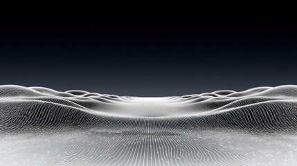 An abstract digital landscape with white contour lines against a dark background. Visualization of relief, depth, and movement.