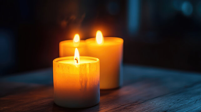 Lit candles warm glow on wooden table - Powered by Adobe