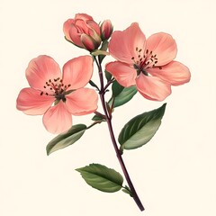 Obraz premium Detailed botanical illustration depicts delicate salmon-colored blossoms and green foliage against a pale background