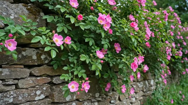 Pink Climbing Roses Blooming Over Old Stone Wall Outdoors