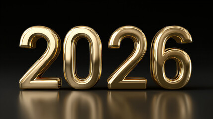 Golden 3d numbers 2026 reflecting on dark surface with dramatic lighting