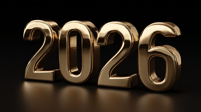 Golden 3d numbers 2026 reflecting on dark surface with spotlight