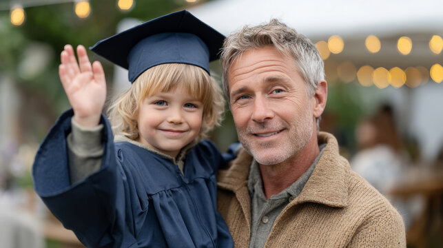 Father and son celebrating graduation in matching attire with high five gesture - Powered by Adobe