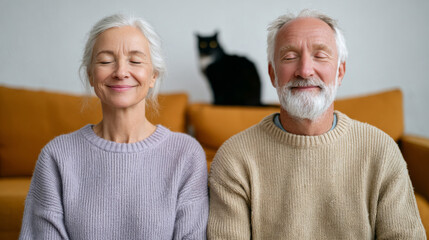 Relaxing grandparents meditating on couch with cat in peaceful atmosphere