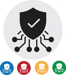 Secure digital network protection icon with checkmark symbol and colorful variations for cybersecurity solutions and data privacy concepts.