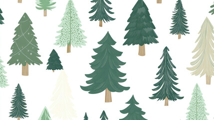 Obraz premium Festive seamless pattern of stylized Christmas trees in varying sizes and shades of green on a white background, modern, repeat
