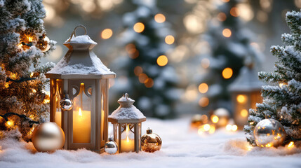 Lanterns and baubles with snowy trees outside christmas