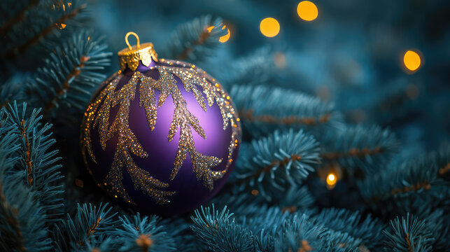Elegant purple christmas ornament sparkling with golden accents on festive blue pine branches