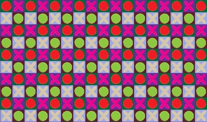 Trendy retro stylish geometric seamless pattern with colorful square shapes, circles and flowers. Modern abstract background. 
