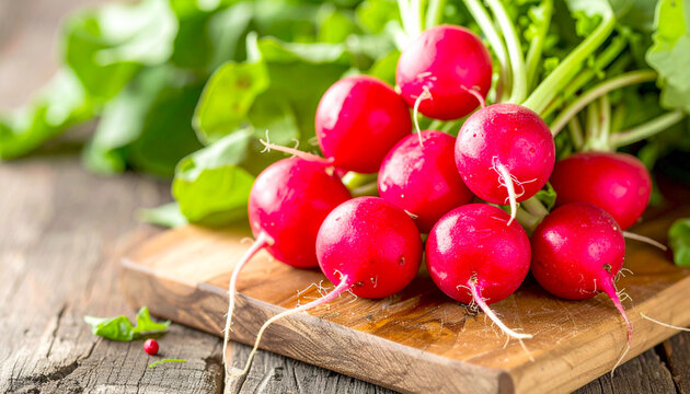 Organic radishes on a cutting board, fresh ingredients. AI