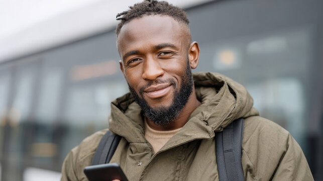 Young man with smartphone on a city street in casual jacket