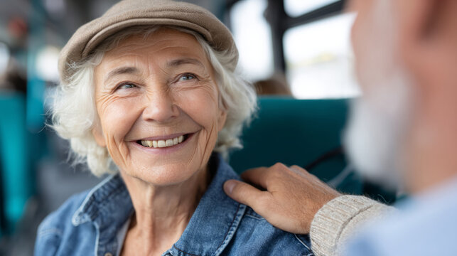 Warm interaction between bus passenger and elderly woman, promoting kindness and community support