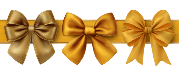 Set of satin decorative golden bows with horizontal yellow ribbon isolated on white background. Vector gold bow and gold ribbon