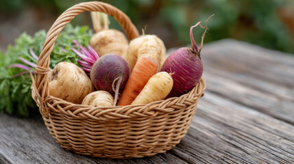 Basket of fresh root vegetables on rustic wooden table outdoors