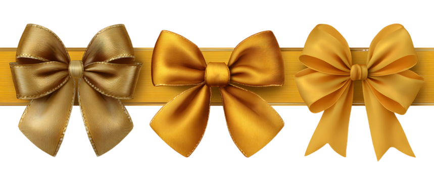 Set of satin decorative golden bows with horizontal yellow ribbon isolated on white background. Vector gold bow and gold ribbon