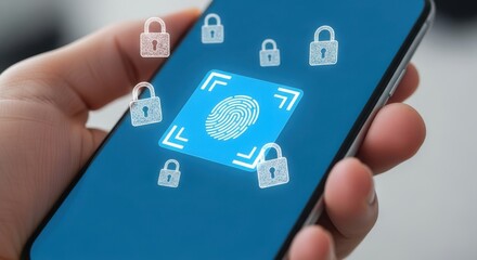 Mobile Biometric Security: Hand Holding Smartphone Displaying Fingerprint Scan and Padlock Icons for Access Control and Digital Identity Verification