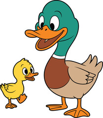 Cute cartoon duck and duckling illustration, happy animal family vector art, adorable birds, parenting concept, isolated on white background