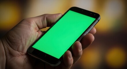 Mobile Phone Green Screen: Hand Holding Smartphone with Blank Green Screen Against a Blurred Bokeh Background for Technology Advertising and Content Mockup