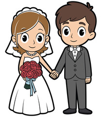 Cute cartoon wedding couple illustration, bride and groom holding hands, romantic marriage ceremony vector art for love and celebration design