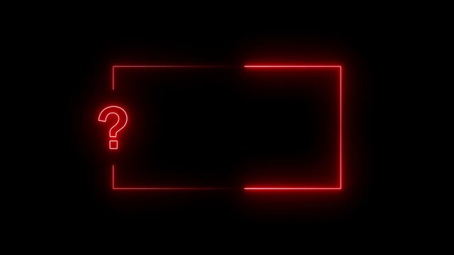 Red neon rectangular frame with a single question mark on a black background query inquiry