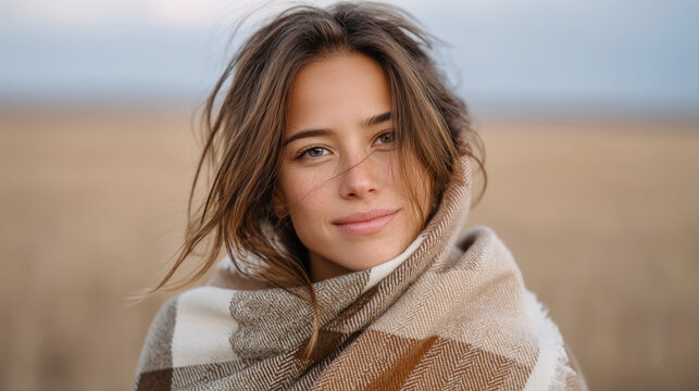 Cozy autumn vibes with model wrapped in checkered blanket in serene field setting