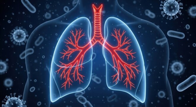 Human Lungs and Viral Infection: 3D Illustration of Lungs and Bronchial Tubes with Surrounding Bacteria and Virus Particles for Respiratory Disease and Medical Science