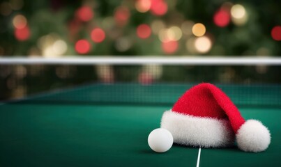 Santa hat and ping pong ball on green table tennis table
