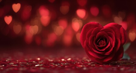 Single red rose with soft petals against romantic background of heart-shaped bokeh lights. Perfect for Valentine's Day, wedding anniversary or romantic celebration.
