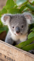 Fototapeta premium Koala emerging from wooden transport crate surrounded by lush greenery