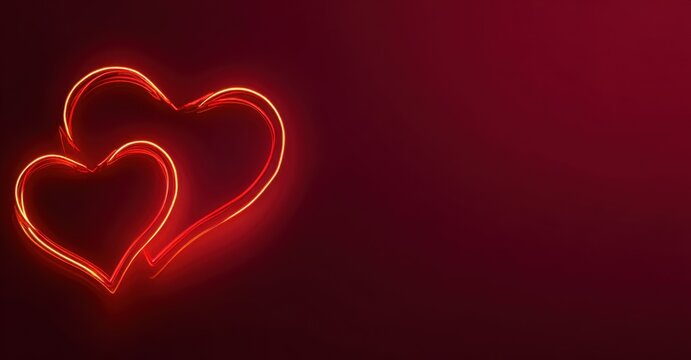 Two glowing red heart shapes with neon light effect against dark purple background. Romantic and modern design perfect for Valentine's Day, wedding or romantic celebration.
