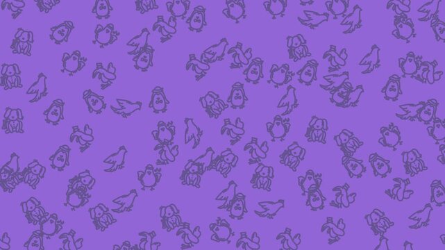 Whimsical purple pattern featuring charming dogs, birds, and penguins ideal for children's designs, wallpapers, and fun backgrounds for playful creative projects