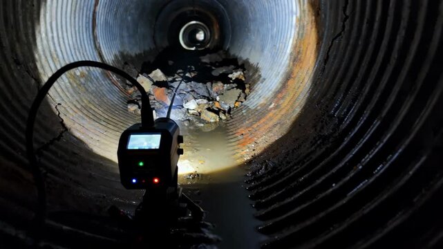 Stormwater system inspection with a camera probe navigating large drainage pipes capturing debris and structural conditions.